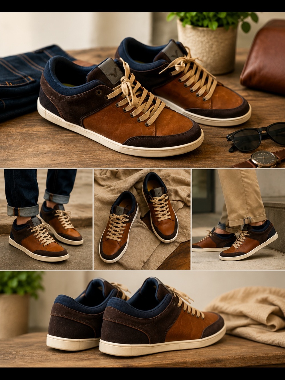 Men's Brown Leather & Dark Brown Low-Top Sneakers with Beige Laces